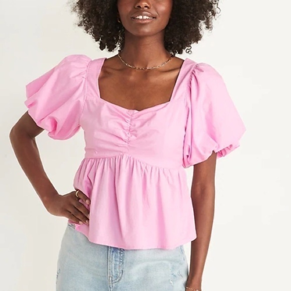 Puff-Sleeve Ruched Smocked Babydoll Swing Blouse Pink XXL
